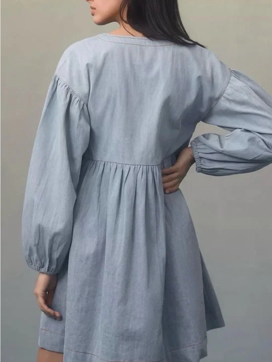 By Anthropologie Long-Sleeve Square-Neck Denim Babydoll Mini Dress size M - Picture 4 of 8